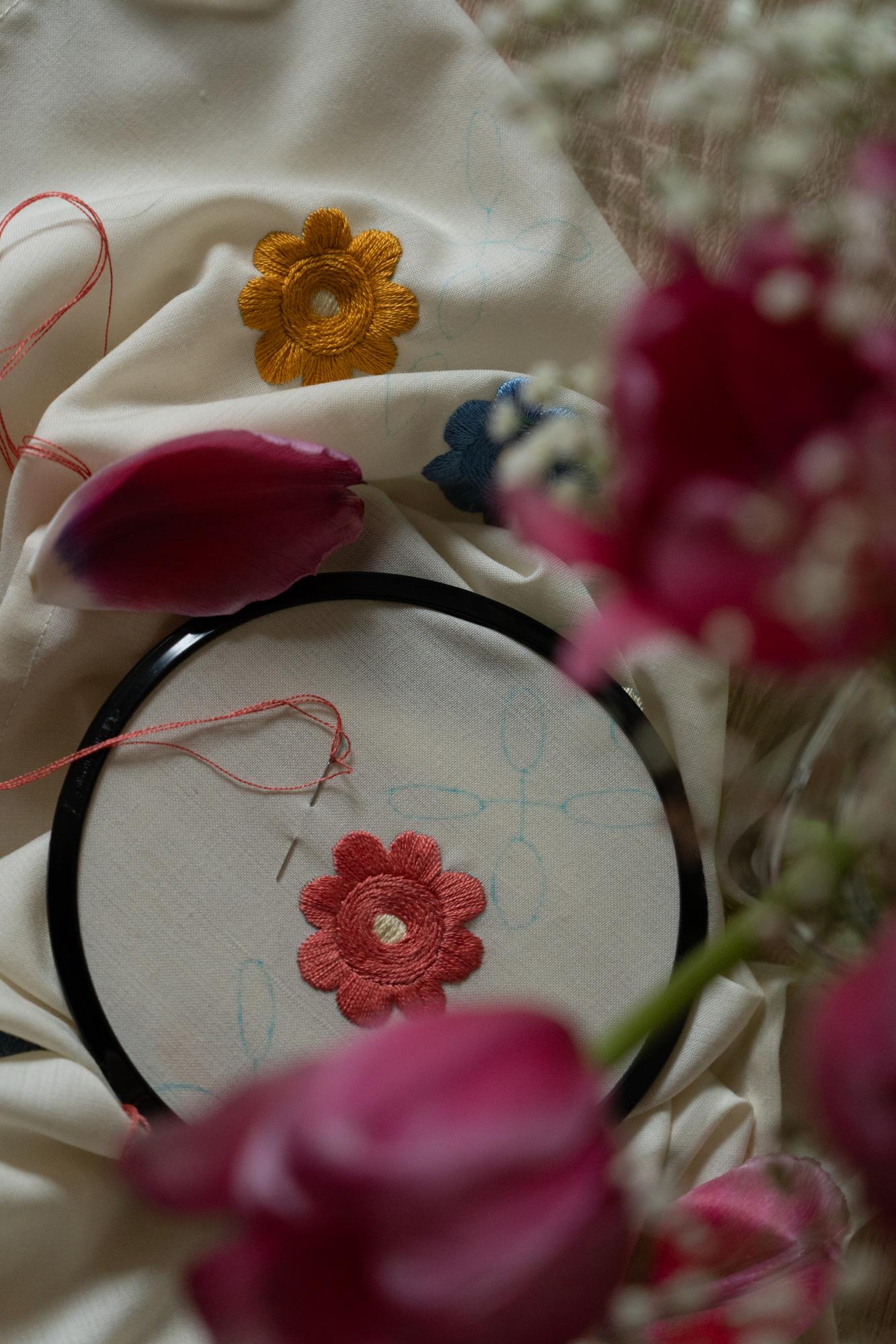 close-up colorful floral embroidery hoop on fabric